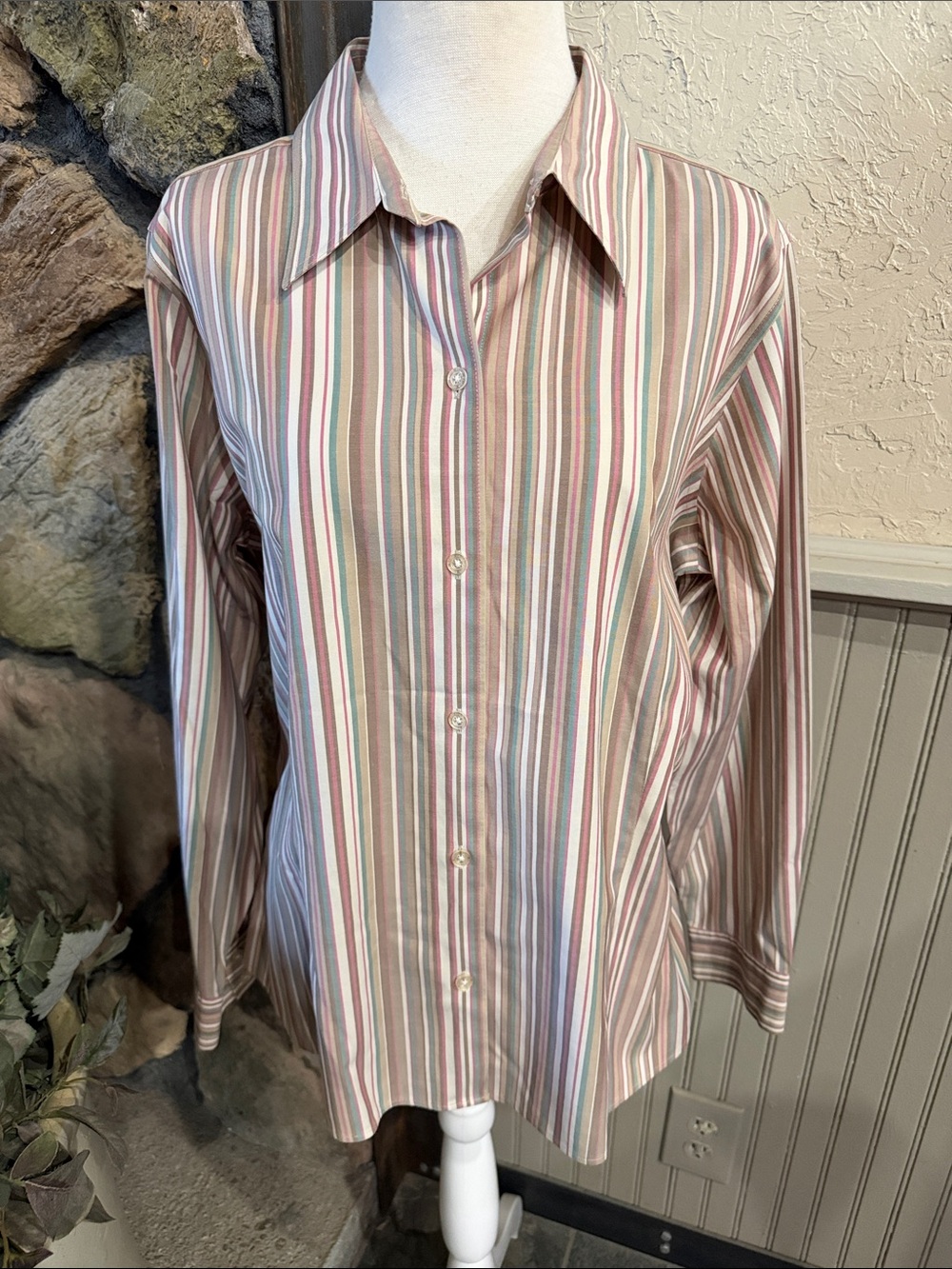 Eddie Bauer Women's Multi-Stripe Button-Down Shirt - Pink, Green, Blue, Tan